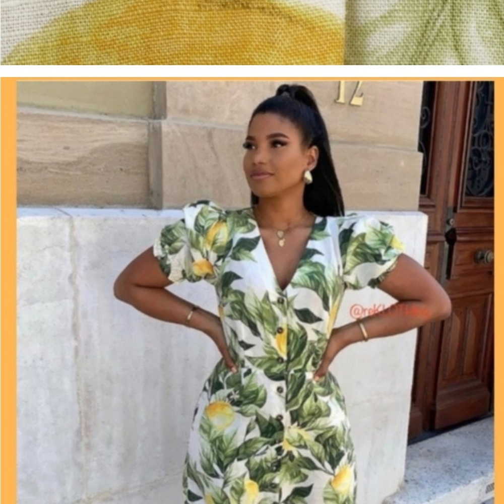 H&M White Mini Dress with Green Leaf & Yellow Lemon Print
